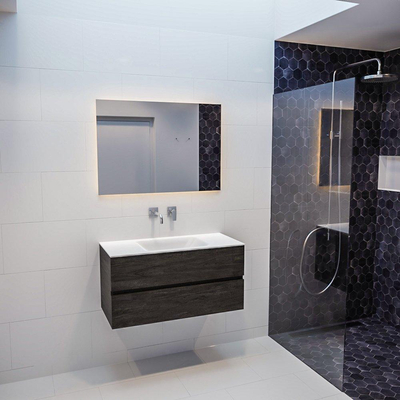 MONDIAZ VICA Ensemble de meuble salle de bain - 100cm - 2 tiroirs - lavabo Cloud au centre - 0 trou de robinet - solid surface marron foncé