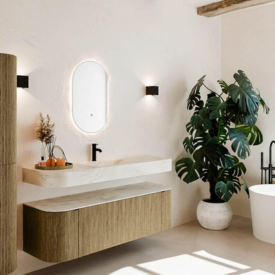 MONDIAZ THOR-DLUX 150cm meuble de salle de bains arrondi gauche + droite couleur Dusk avec 1 tiroir et 2 portes. Vasque suspendue CLOUD Milieu 1 trou de robinet couleur Ostra.