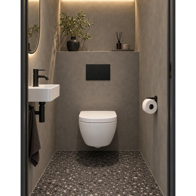 QeramiQ Dely Swirl Compact Toiletset - inbouwreservoir QeramiQ flush - 25mm zitting - kunststof bedieningsplaat mat zwart - ronde knoppen - mat wit