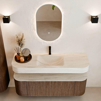 MONDIAZ THOR-DLUX 140cm meuble de salle de bains arrondi gauche + droite couleur Walnut avec 1 tiroir et 2 portes. Vasque suspendue CLOUD Milieu 1 trou de robinet couleur Meli.