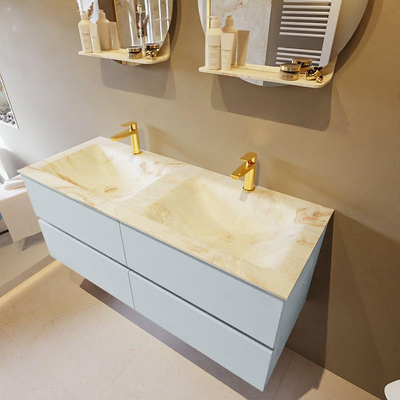 Mondiaz VICA-DLUX ensemble de meuble de salle de bain - 120cm - meuble sous-vasque argile - 4 tiroirs - lavabo encastré nuage double - 2 trous de robinet - version haute de 60cm - frape