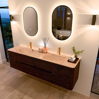 Mondiaz CIRO-DLUX Meuble de salle de bains - 180x45x50cm - Vasque solid surface Arena - 2 vasques Double - 2 trous de robinet - 4 tiroirs - Noyer