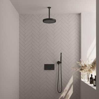 BRAUER Stripe Douche de tête thermostatique encastrée - boutons-poussoirs - SET 27 - pomme de douche 25cm - bras plafond - douchette à main barre - flexible de douche - coude mural - noir mat