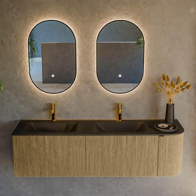 Mondiaz KURVE Badkamermeubelset - 155x46x40cm - 2 lade - 1 deur - wastafel solid surface - dubbel / links - 2 kraangaten - Dusk