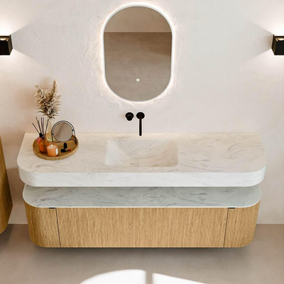 MONDIAZ THOR-DLUX Meuble de salle de bains - 170cm - arrondi gauche + droite - couleur Oak - 1 tiroir - 2 portes - Vasque suspendue CLOUD Milieu sans trou de robinet - couleur Opalo