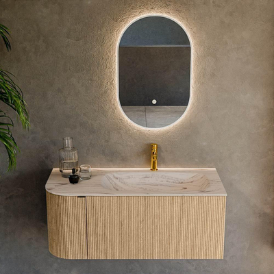 MONDIAZ KURVE-DLUX 105cm badmeubel ronding Links kleur Oak met 1 lade en 1 deur. Wastafel BIG SMALL Rechts 1 kraangat Nata.