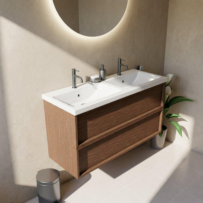 Saniclass Holz Frame Ensemble de meubles de salle de bains - 120x45x63.5cm - Lavabo en céramique Bari blanc - 2 vasques - 2 trous de robinetterie - 2 tiroirs - walnut pure mat (bois)
