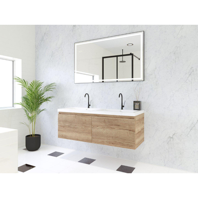 HR Matrix ensemble meuble de salle de bain 3d 120cm 2 tiroirs sans poignée avec bandeau en chêne français avec vasque djazz double 2 robinets blanc