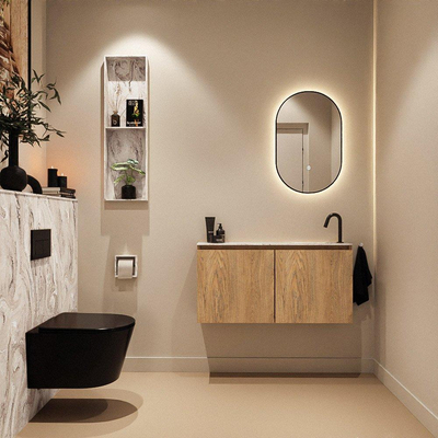 MONDIAZ TURE-DLUX Meuble toilette - 100cm - Washed Oak - EDEN - vasque Glace - position droite - 1 trou de robinet