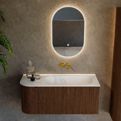 MONDIAZ KURVE Meuble de salle de bains 105 cm avec module 25 L couleur Walnut avec 1 tiroir et 1 porte. Vasque BIG SMALL à droite sans trou de robinet Talc.