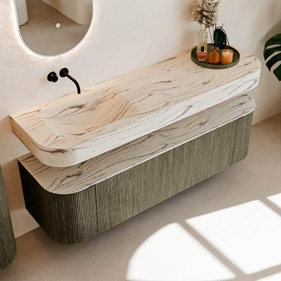 MONDIAZ THOR-DLUX 160cm meuble de salle de bains arrondi gauche + droite couleur Shadow avec 1 tiroir et 2 portes. Vasque suspendue CLOUD Gauche sans trou de robinet couleur Nata.