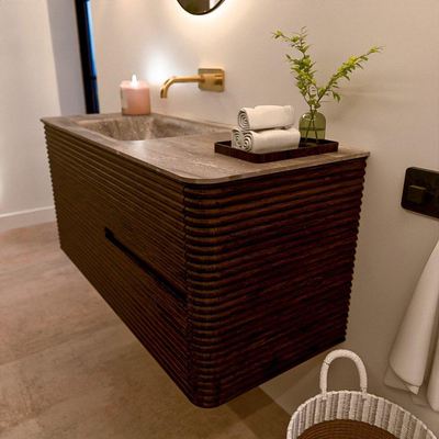 Mondiaz CIRO-DLUX Badkamermeubelset - 110x45x50cm - Solid surface wastafel Oza - 1 wasbak Links - zonder kraangaten - 2 lades - Walnut