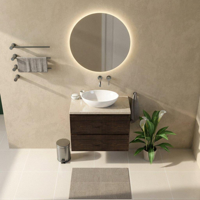Saniclass Holz Atelier Ensemble meuble de salle de bains - 80x45x63cm - Plan de travail en pierre naturelle travertin - sans trou de robinet - 2 tiroirs - chêne charcoal mat (bois)