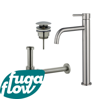 FugaFlow Eccelente Sobrado Badkamer Slim Wastafelkraanset - verhoogde wastafelkraan - klikwaste plug - design sifon - PVD Geborsteld RVS