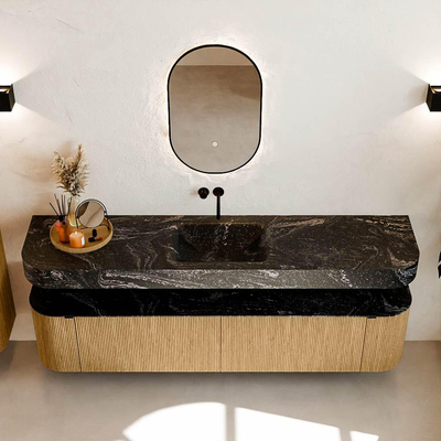 MONDIAZ THOR-DLUX 200cm meuble de salle de bains arrondi gauche + droite couleur Oak avec 2 tiroirs et 2 portes. Vasque suspendue CLOUD Milieu sans trou de robinet couleur Lava.