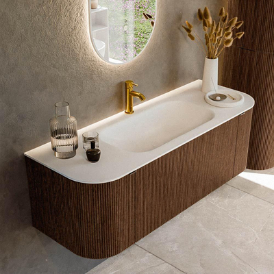 MONDIAZ KURVE 130cm badmeubel met module 25 Len R kleur Walnut met 1 lade en 2 deuren. Wastafel BIG SMALL midden 1 kraangat Talc.
