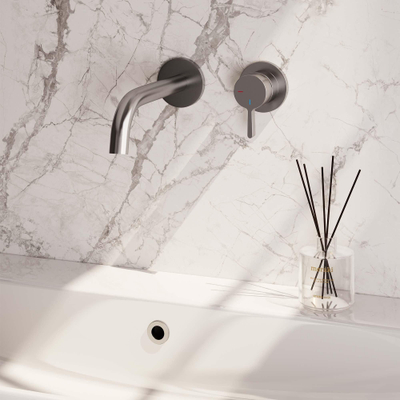 BRAUER Brushed Edition Wastafelmengkraan inbouw - gebogen uitloop links - hendel middel dik - inclusief inbouwdeel - model E 1 - PVD - geborsteld RVS