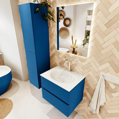 Mondiaz VICA ensemble de meuble de salle de bain - 60cm - meuble sous-vasque jeans - 2 tiroirs - lavabo moon milieu - 1 trou de robinet - couleur talc - miroir LED - version XL 60cm de haut