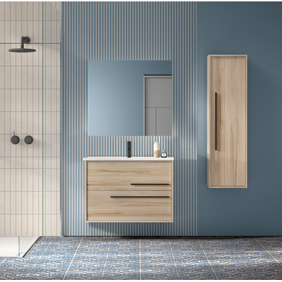 Saniclass Prime Essential Ensemble meuble de salle de bains - 80x55x46cm - 1 vasque rectangulaire blanche - 1 trou de robinet - 2 tiroirs - miroir rectangulaire - hêtre (bois)