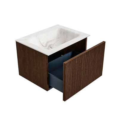 MONDIAZ KURVE-DLUX Meuble de salle de bains 60 cm couleur Walnut avec 1 tiroir. Lavabo CLOUD central sans trou de robinet couleur Frappe.