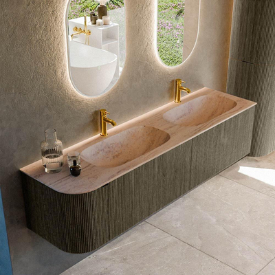 MONDIAZ KURVE-DLUX 175cm meuble de salle de bains arrondi à gauche couleur Shadow avec 2 tiroirs et 1 porte. Lavabo STOR SMALL Double / Droite 2 trous de robinet Saba.