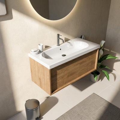Saniclass Holz Frame Ensemble meuble de salle de bains - 100x45x43.5cm - lavabo en céramique Palermo blanc - 1 vasque - 1 trou de robinetterie - 1 tiroir - chêne natural mat (bois)