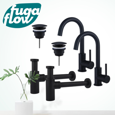 FugaFlow Eccelente Sobrado Badkamer Wastafelkraanset - voor dubbele wastafel - hoge wastafelkraan - draaibare uitloop - always open plug - design sifon - Mat zwart