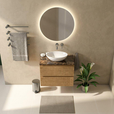 Saniclass Holz Pure Ensemble de meubles de salle de bains - 80x45x63cm - Plan de toilette en pierre naturelle Noche dark emperador - sans trou de robinet - 2 tiroirs - chêne natural mat (bois)