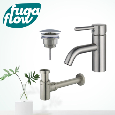 FugaFlow Eccelente Sobrado Kit mitigeur lavabo - robinet bas - bonde non-obturable - siphon design bas - PVD Inox brossé