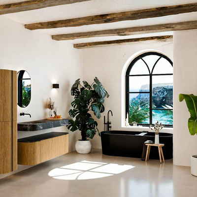 MONDIAZ THOR-DLUX 140cm badmeubel ronding links + rechts kleur Oak met 1 lade en 2 deuren. Vrijhangende wastafel CLOUD Links zonder kraangat kleur Lava.