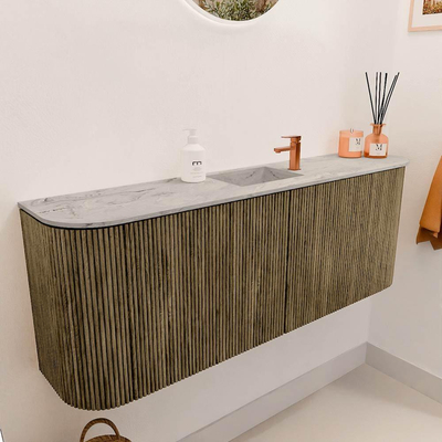 Mondiaz JOYA-DLUX 113.2cm meuble de salle de bains - arrondi gauche et droite couleur Dusk - Vasque FAYE position Milieu 1 trou de robinet couleur Glace.