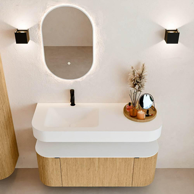 MONDIAZ THOR 120cm meuble de salle de bains arrondi gauche + droite couleur Oak avec 1 tiroir et 2 portes. Vasque suspendue CLOUD gauche 1 trou de robinet couleur Talc.