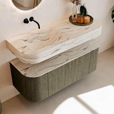 MONDIAZ THOR-DLUX 120cm meuble de salle de bains arrondi gauche + droite couleur Shadow avec 1 tiroir et 2 portes. Vasque suspendue CLOUD Gauche sans trou de robinet couleur Nata.