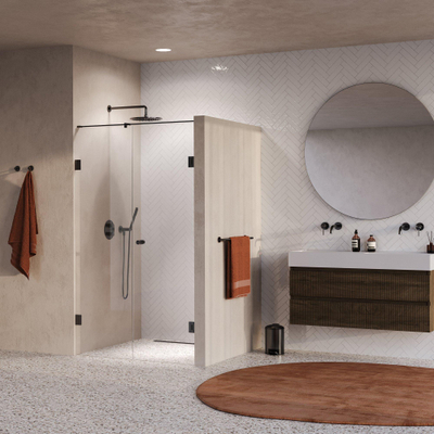 BRAUER Void Carving Nisdeur - 2-delig - 120x200cm - 60cm draaideur aan muur - glascoating - omkeerbaar - helder glas - geborsteld gunmetal PVD