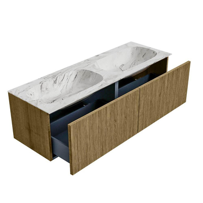 Mondiaz KURVE-DLUX Ensemble de meubles de salle de bains - 140x46x40cm - 2 tiroirs - vasque solid surface - double - 2 trous de robinet - Dusk
