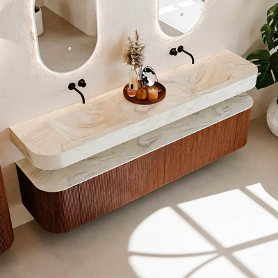 MONDIAZ THOR-DLUX 200cm meuble de salle de bains arrondi gauche + droite couleur Ruby avec 2 tiroirs et 2 portes. Vasque suspendue CLOUD Double sans trou de robinet couleur Ostra.