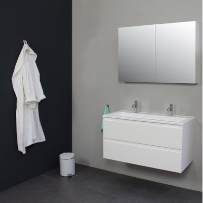 Basic Bella Meuble avec lavabo acrylique 2 trous de robinet 100x55x46cm avec armoire toilette à 2 portes gris Blanc brillant