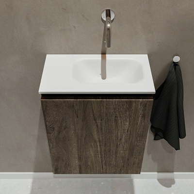 MONDIAZ TURE Kit lave-mains - 40x23x50cm - 0 trous de robinet - 1 porte - marron foncé mat - Lavabo à droite - Solid Surface Blanc