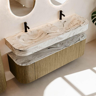 MONDIAZ THOR-DLUX 150cm meuble de salle de bains arrondi gauche + droite couleur Dusk avec 1 tiroir et 2 portes. Vasque suspendue CLOUD Double 2 trous de robinet couleur Glace.