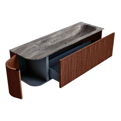 MONDIAZ KURVE-DLUX Meuble de salle de bains 145cm arrondi à gauche couleur Ruby avec 1 tiroir et 1 porte. Lavabo BIG LARGE à droite sans trou de robinet Oza.