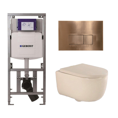 QeramiQ Dely Swirl Toiletset - 36.3x51.7cm - Geberit UP320 inbouwreservoir - 35mm zitting - koperen bedieningsplaat - rechthoekige knoppen - beige