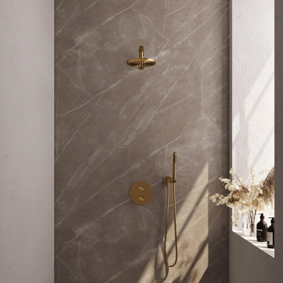 BRAUER Gold Edition ensemble de douche pluie encastré – douche de tête Ø 20 cm – bras mural droit 39.4 cm – douchette bâton – support fixe