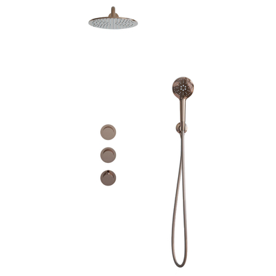 Fortifura Nebbio Regendoucheset - inbouwkraan - inbouwdeel - wandaansluitbocht - doucheslang glad - ronde handdouche - 35cm - wandarm - 30cm ronde hoofddouche - PVD - geborsteld koper