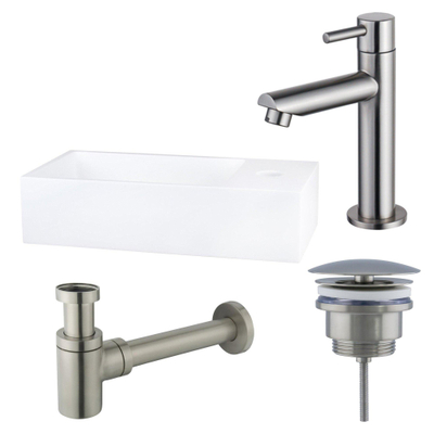 FortiFura Fuente Pack Lave-mains - 36x18.5x9cm - 1 trou de robinet - solid surface - robinet Inox - Blanc