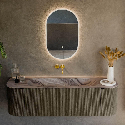 MONDIAZ KURVE-DLUX 150cm badmeubel ronding Links + Rechts kleur Shadow met 1 lade en 2 deuren. Wastafel BIG MEDIUM Midden zonder kraangat Sombra.