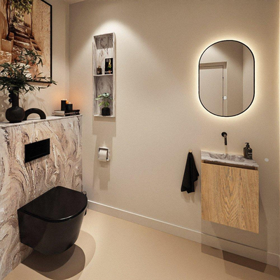 MONDIAZ TURE-DLUX Meuble toilette - 40cm - Washed Oak - EDEN - vasque Glace - position centrale - sans trou de robinet