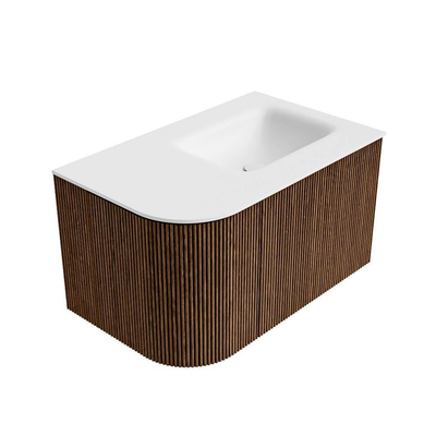 MONDIAZ KURVE 75cm Meuble salle de bain avec module 25 G - couleur Walnut - 1 tiroir - 1 porte - vasque GRUNNE droite - 1 trou de robinet - Talc