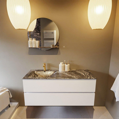 Mondiaz VICA-DLUX ensemble de meuble de salle de bain - 120cm - meuble sous lavabo talc - 2 tiroirs - lavabo encastré cloud gauche - 1 trou de robinet - miroir modèle spot - version XL 60cm haut - lave