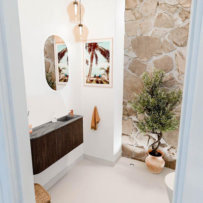 Mondiaz JOYA-DLUX Meuble de toilette 91,6cm - arrondi gauche couleur Walnut - Vasque FAYE position Droite 1 trou de robinet couleur Sombra.