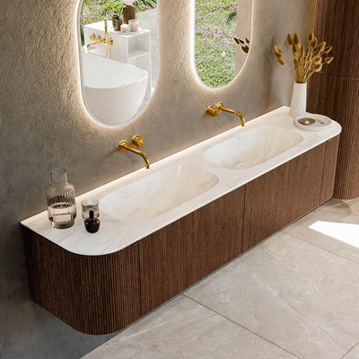 MONDIAZ KURVE-DLUX 190cm badmeubel met module 25 Len R kleur Walnut met 2 lades en 2 deuren. Wastafel STOR SMALL dubbel zonder kraangat kleur Ostra.